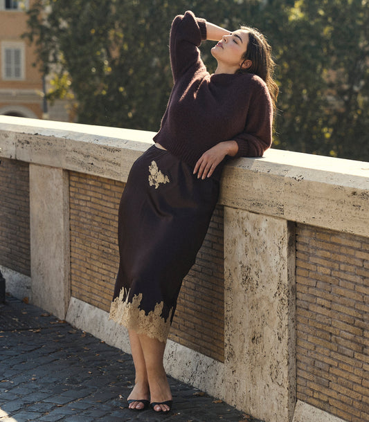 ELOWEN SKIRT -- EQUESTRIAN BROWN WITH CREAM LACE